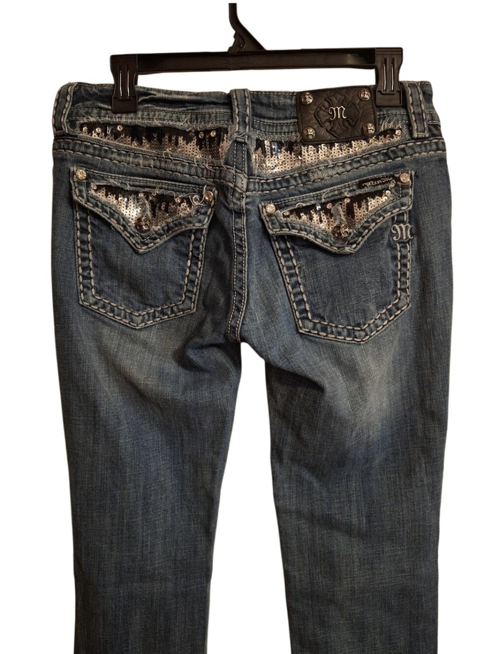 MissMe Sequin Pocket Straight Leg Jeans Dark Blue Size 30
